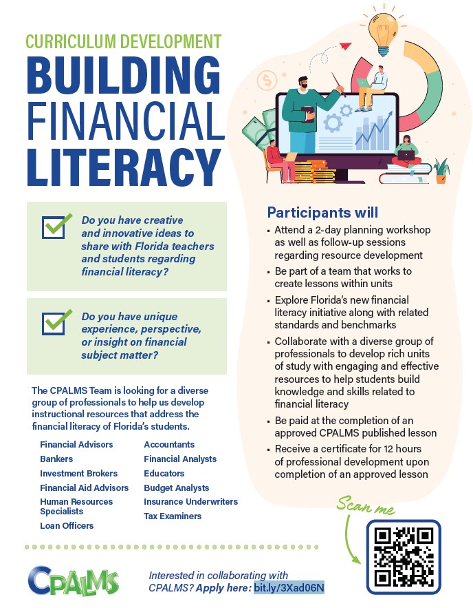 "Informational flyer featuring information on the building financial literacy professional development workshop"