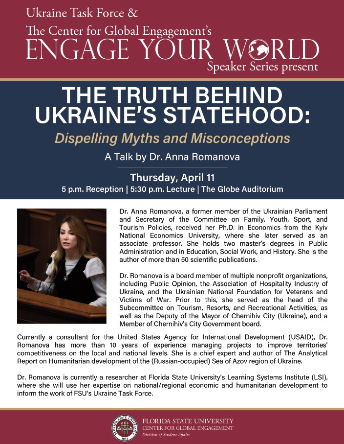 "A flyer advertising the lecture The Truth Behind Ukraine's Statehood: Dispelling Myths and Misconceptions by Dr. Anna Romanova"