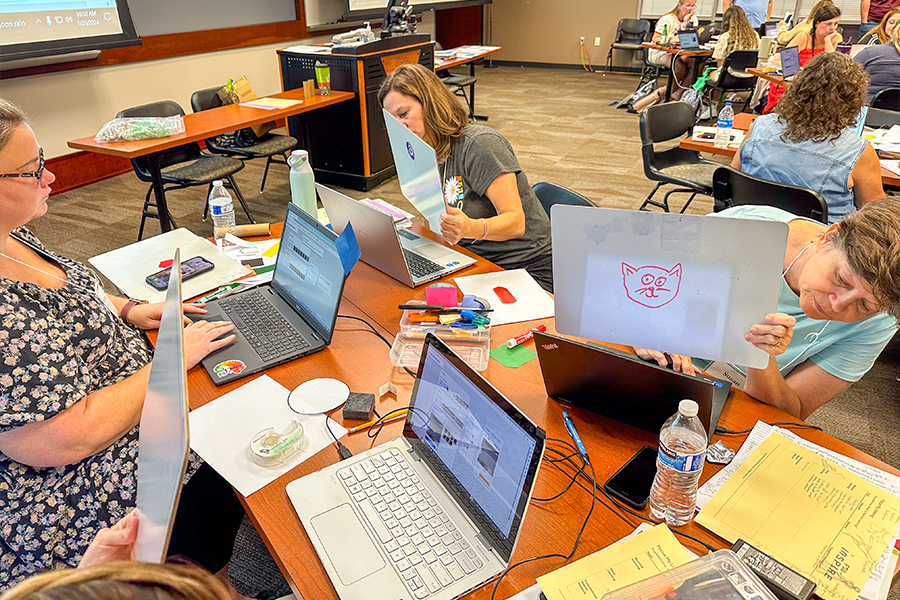 "A group of educators holding up white boards on their computers during a lesson."