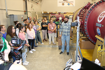 "Group of teachers visiting FSU's wind tunnel"