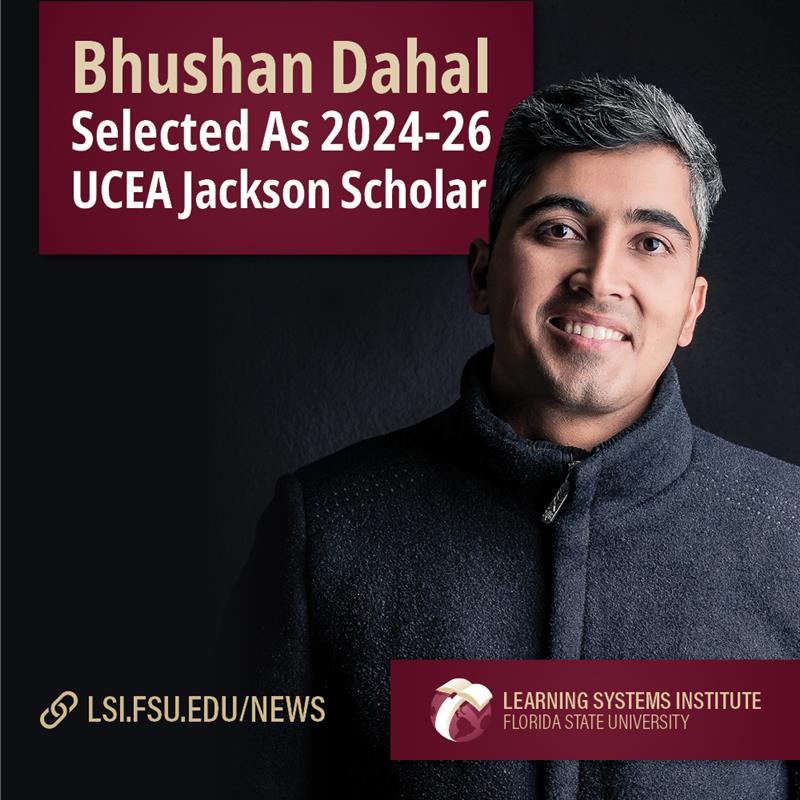 "Head shot of LSI employee Bhushan Dahal with the LSI globe logo wordmark and the text Bhushan Dahal Selected A 2024-26 UCEA Jackson Scholar "