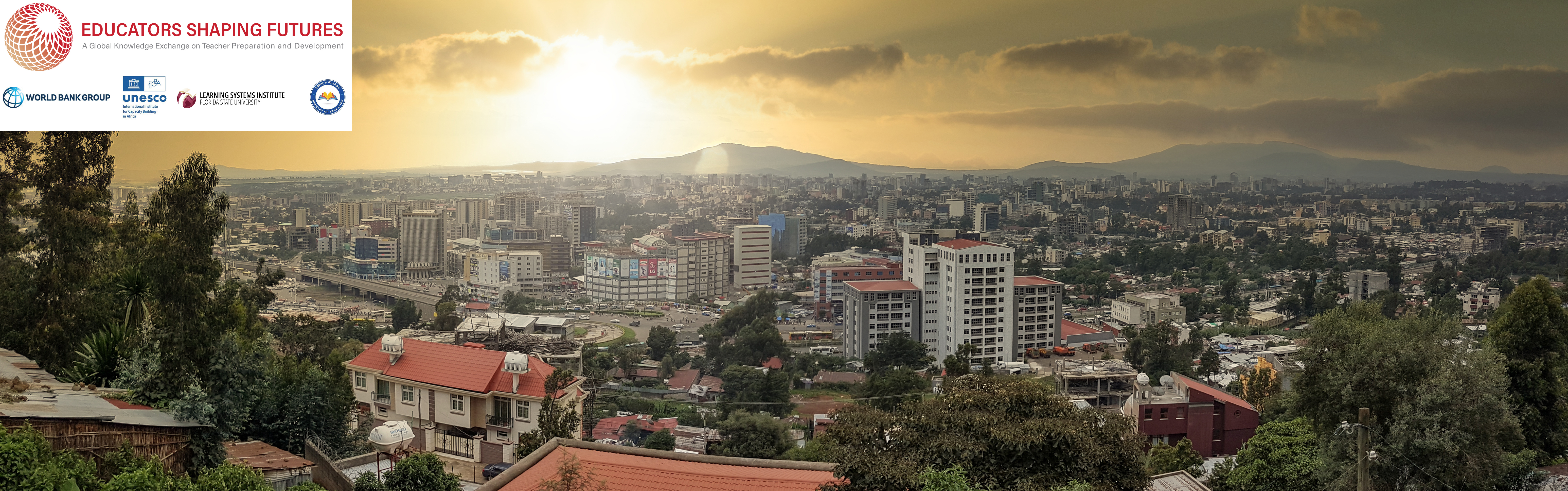 Photo of Addis Ababa at sunset with logos in the upper left corner.