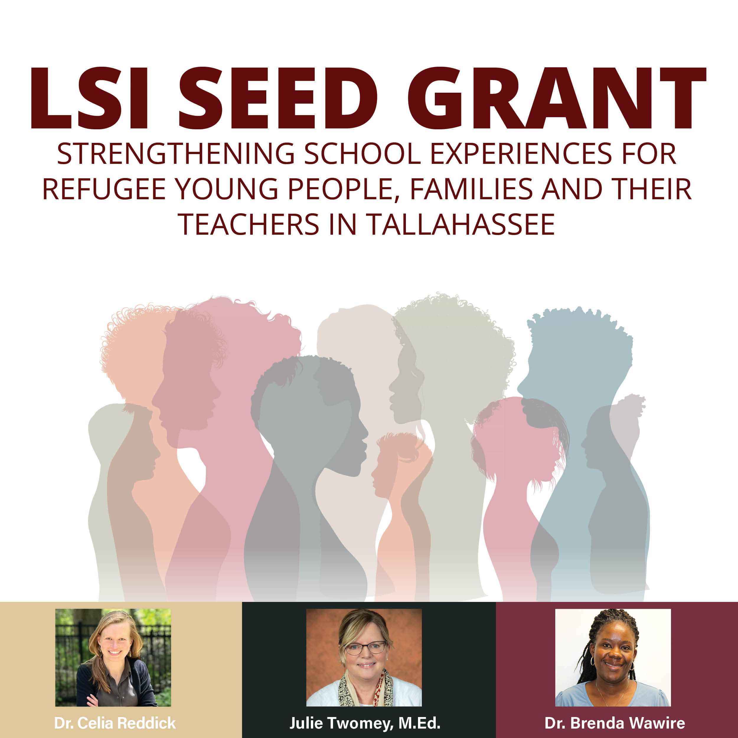 Graphic for an LSI SEED grant with photos of the three people leading the grant work and a graphic of the shapes of people in all different colors. 