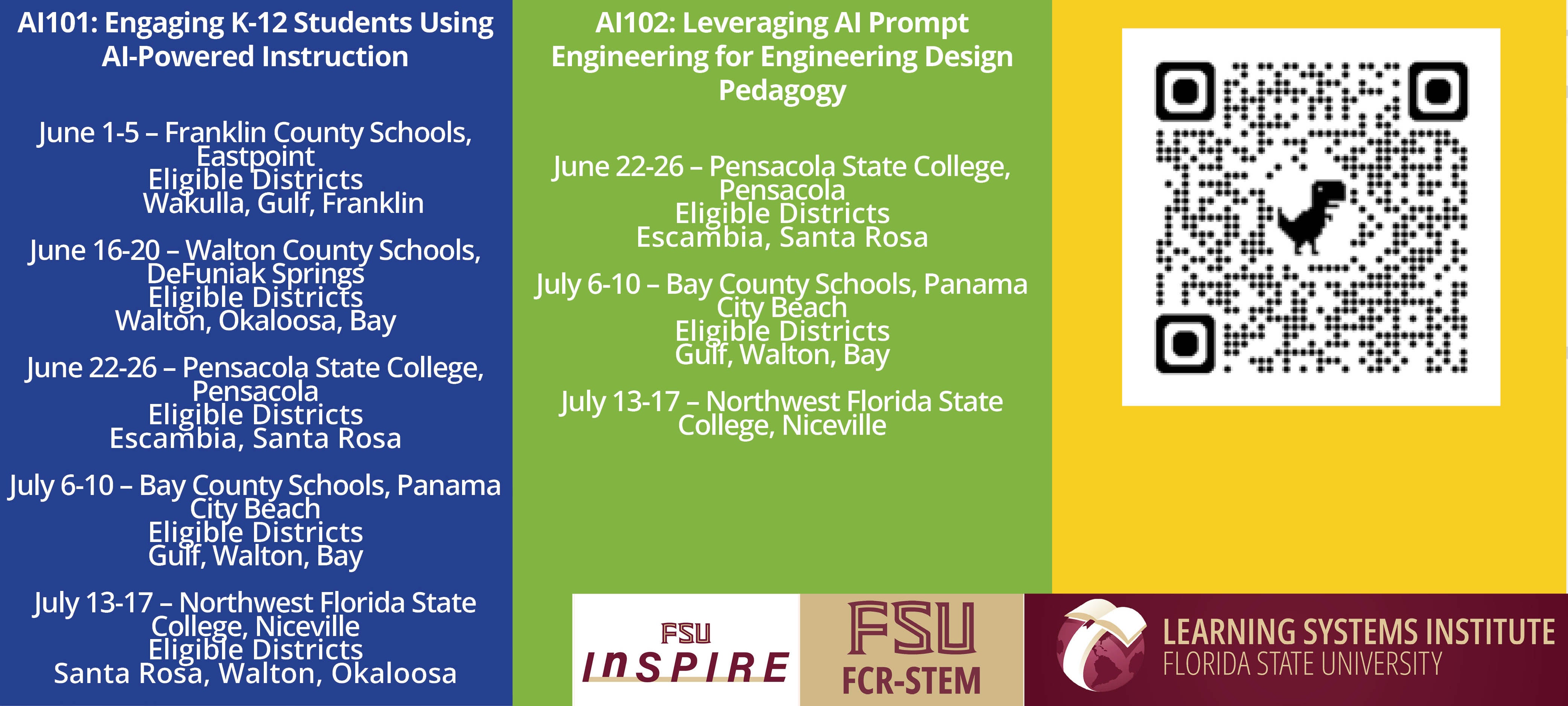 Multi-colored graphic with text schedule. There is a QR code and logos for InSPIRE, FCR-STEM and LSI.