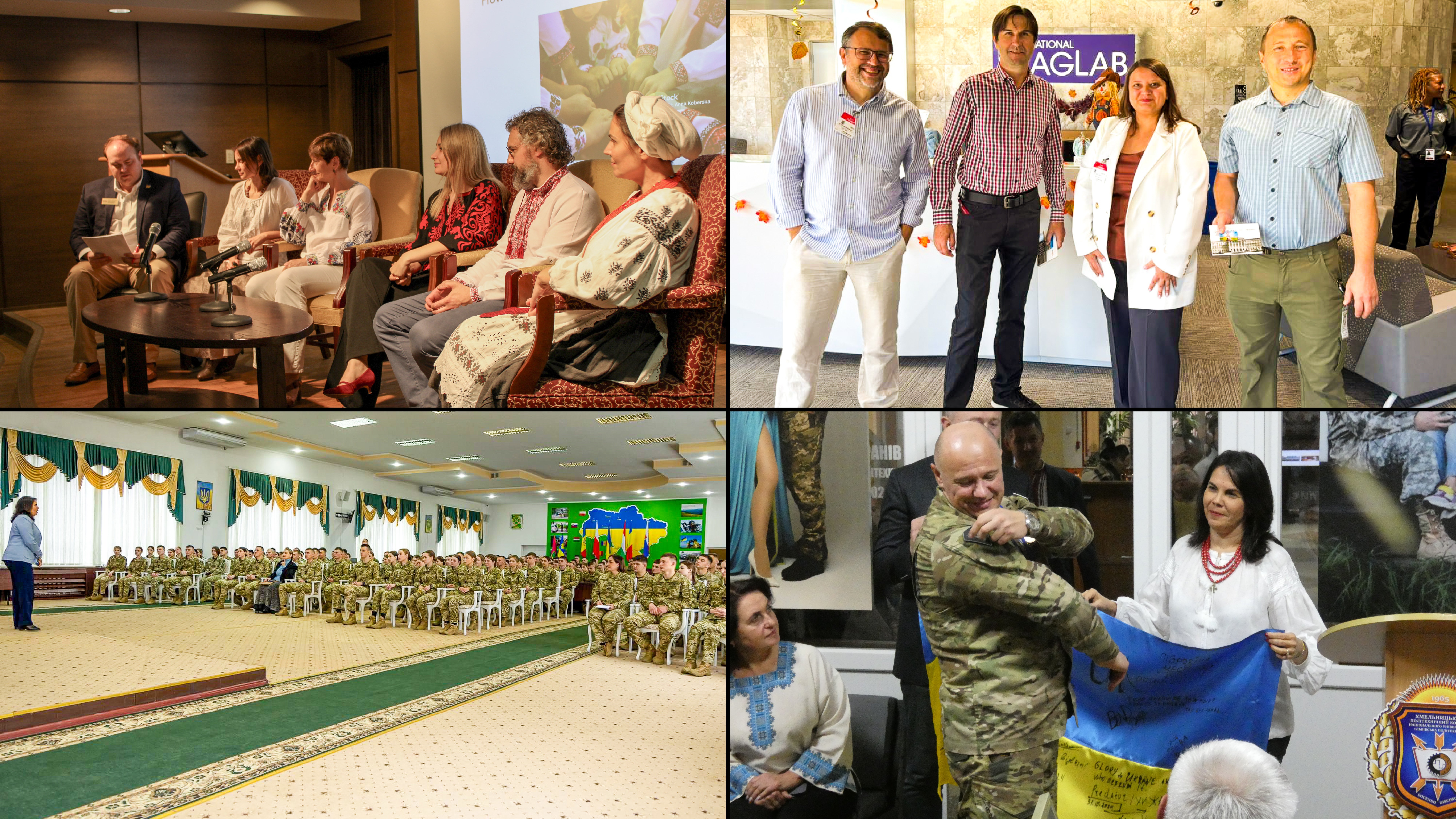 Four-photo collage highlighting educational and cultural engagement activities of FSU's Ukraine Task Force. Top left: a panel discussion with six participants seated onstage, several wearing vshyvankas, speaking into microphones in front of a projected presentation. Top right: four visitors pose in a lobby in front of a “National Mag Lab” sign. Bottom left: a presenter addresses a large audience of uniformed Ukrainian military personnel seated in a brightly lit hall. Bottom right: an individual in military 