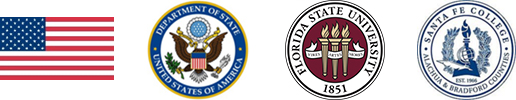 "USA flag, US Department of State, Florida State University seal, Santa Fe College seal"