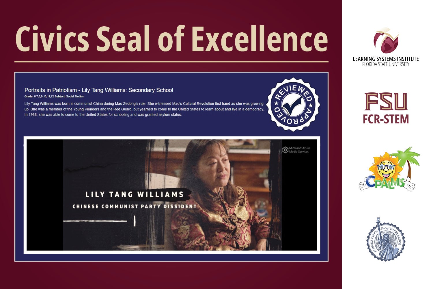 Civics Seal of Excellence graphic featuring text and a photo of a woman