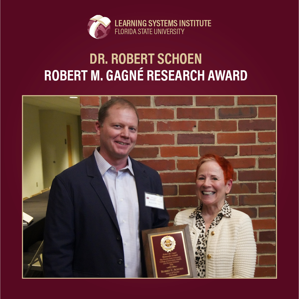 "Graphic featuring photo of Dr. Robert Schoen and Dean Emerita Marcy Driscoll holding a plaque. The text reads Dr. Robert Schoen Robert M. Gagné Research Award "