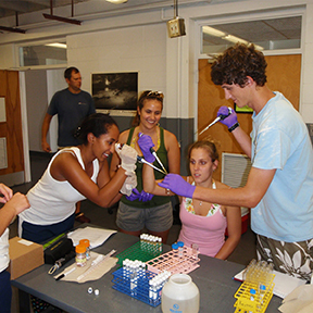 "Group of people wearing rubber gloves using collection tubes and vials."