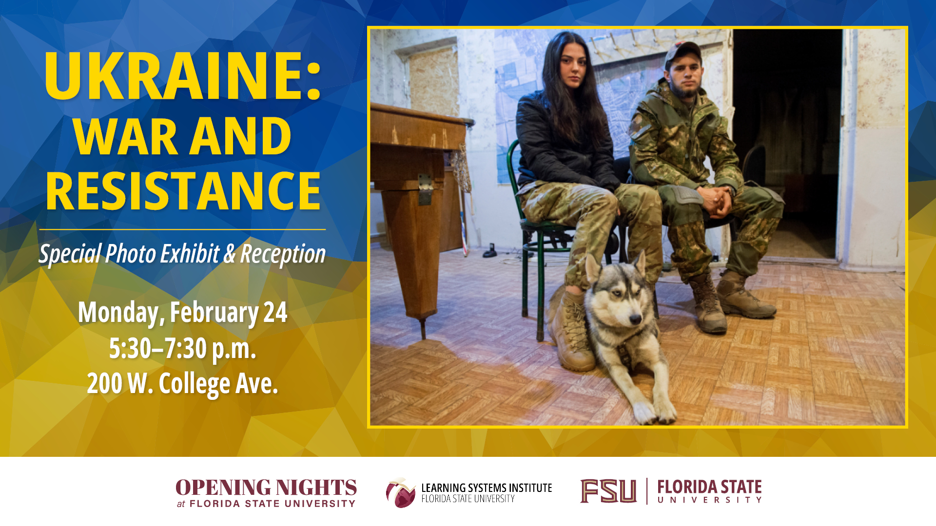 Graphic featuring a photo of a young man and woman in Ukraine. They are wearing military fatigues and have a dog lying on the floor. There is accompanying text and logos.