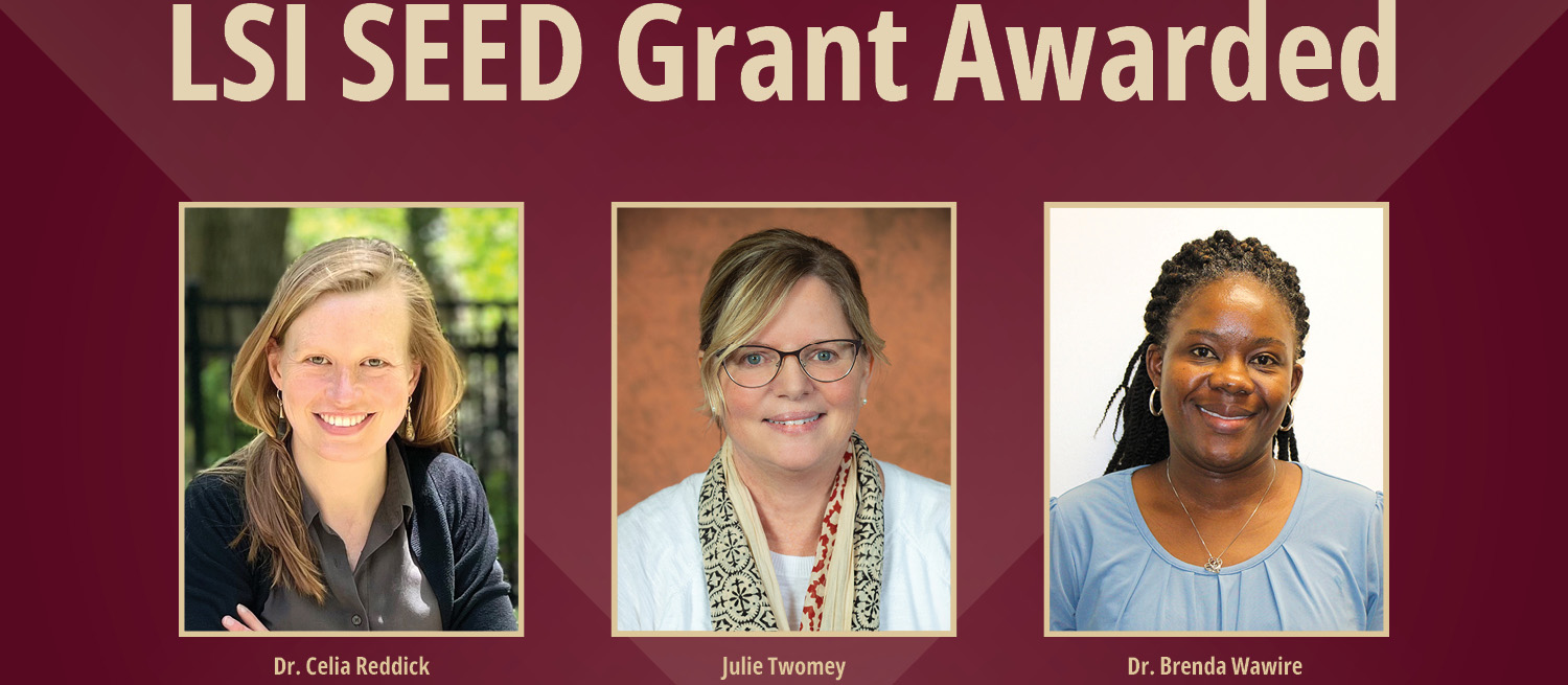Graphic announcing grant winner with three headshot photos.