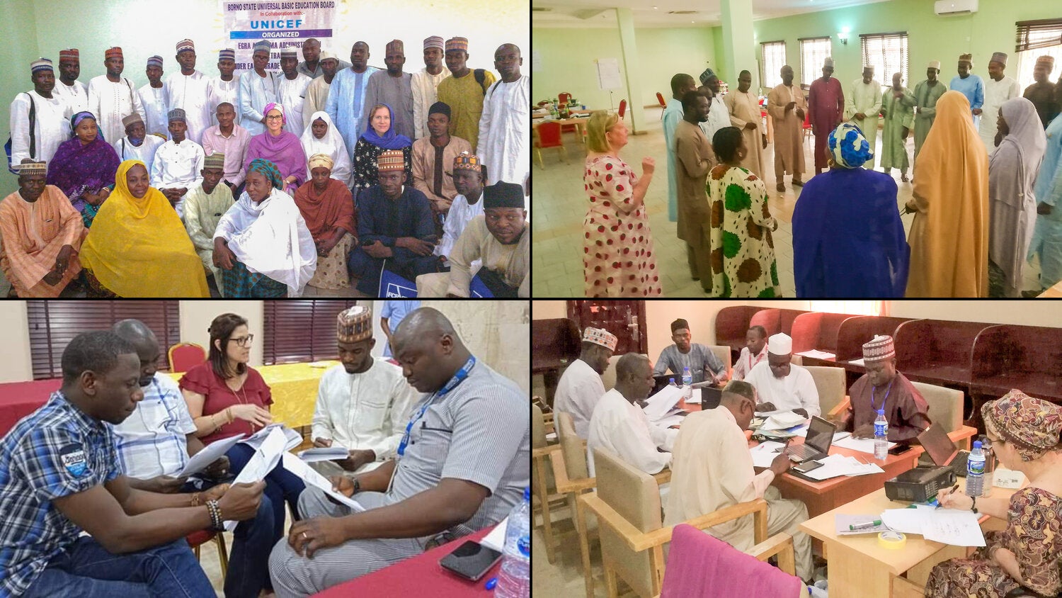 Four-photo collage highlighting education and capacity-building initiatives supported through international partnerships. The top-left image shows a large group of educators, administrators, and project participants posing for a group photo beneath a UNICEF and Borno State Universal Basic Education Board training banner. The top-right image shows workshop participants standing in a circle and engaging in a collaborative group activity during a training session. The bottom-left image shows a small group of participants reviewing documents and discussing materials during a workshop breakout session. The bottom-right image shows educators and program staff seated around tables working together on laptops and training materials during a planning and professional development meeting. The collage emphasizes collaborative learning, educational leadership development, and stakeholder engagement in support of teacher training and school improvement efforts.