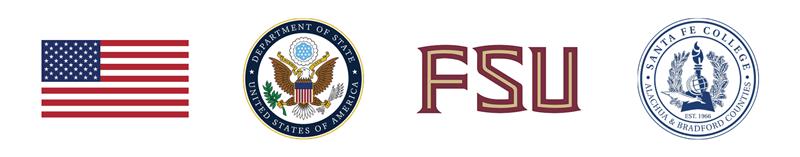 "USA flag, US Department of State, Florida State University seal, Santa Fe College seal"