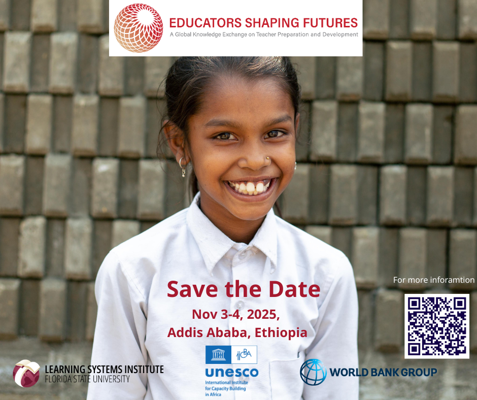 Educators Shaping Futures graphic. There is a childsmiling classroom. Below are logos for the World Bank, UNESCO and LSI at FSU.