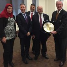 Dr. Nouran Abd El Hamid Ibrahim, Anthony Koliha, Dr. Ibrahim Elbesoumy, Professor Dr. Essam Khamis Alhanash, and President John Thrasher