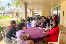 Group meeting on an outdoor patio
