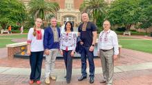 Vilma Fuentes, program director of FSU's Ukraine Task Force, with the four BridgeUSA Fellows who are on-campus June 25-July 25 to learn from mentors and colleagues. Left to right: Natalia Safonova, Andrii Rokalda, Vilma Fuentes, Andrii Balandr and Taras Panchenko. (LSI/Vilma Fuentes)
