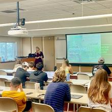 Anna Romanova, former member of Ukrainian Parliament and current visiting associate in research at LSI and member of FSU's Ukraine Task Force, addresses a class.