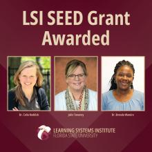 Graphic announcing grant winner with three headshot photos.