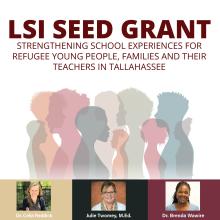Graphic for an LSI SEED grant with photos of the three people leading the grant work and a graphic of the shapes of people in all different colors. 