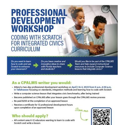 Information sheet with a photo of two children working on a computer, the CPALMS wordmark and information on a professional development workshop.