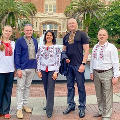 Vilma Fuentes, program director of FSU's Ukraine Task Force, with the four BridgeUSA Fellows who are on-campus June 25-July 25 to learn from mentors and colleagues. Left to right: Natalia Safonova, Andrii Rokalda, Vilma Fuentes, Andrii Balandr and Taras Panchenko. (LSI/Vilma Fuentes)