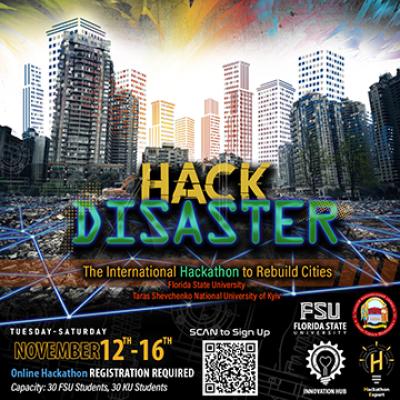 Graphic with cityscapes and the HACK DISASTER in the middle with logos and text about the event. 
