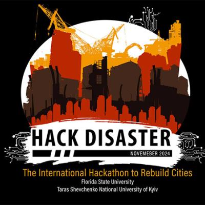 Abstract graphic of cities under construction with "Hack Disaster" in bold text in front. 