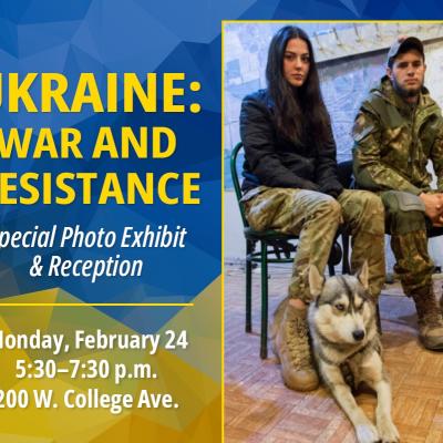Graphic featuring a photo of a young man and woman in Ukraine. They are wearing military fatigues and have a dog lying on the floor. There is accompanying text and logos.