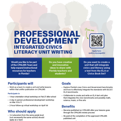 "Infographic with Professional Development ?????????? ?????? ???????? ???? ???????" written in large font at the top. Shadow silhouettes  in different colors in the middle, three text boxes below and the CPALMS logo at the bottom."