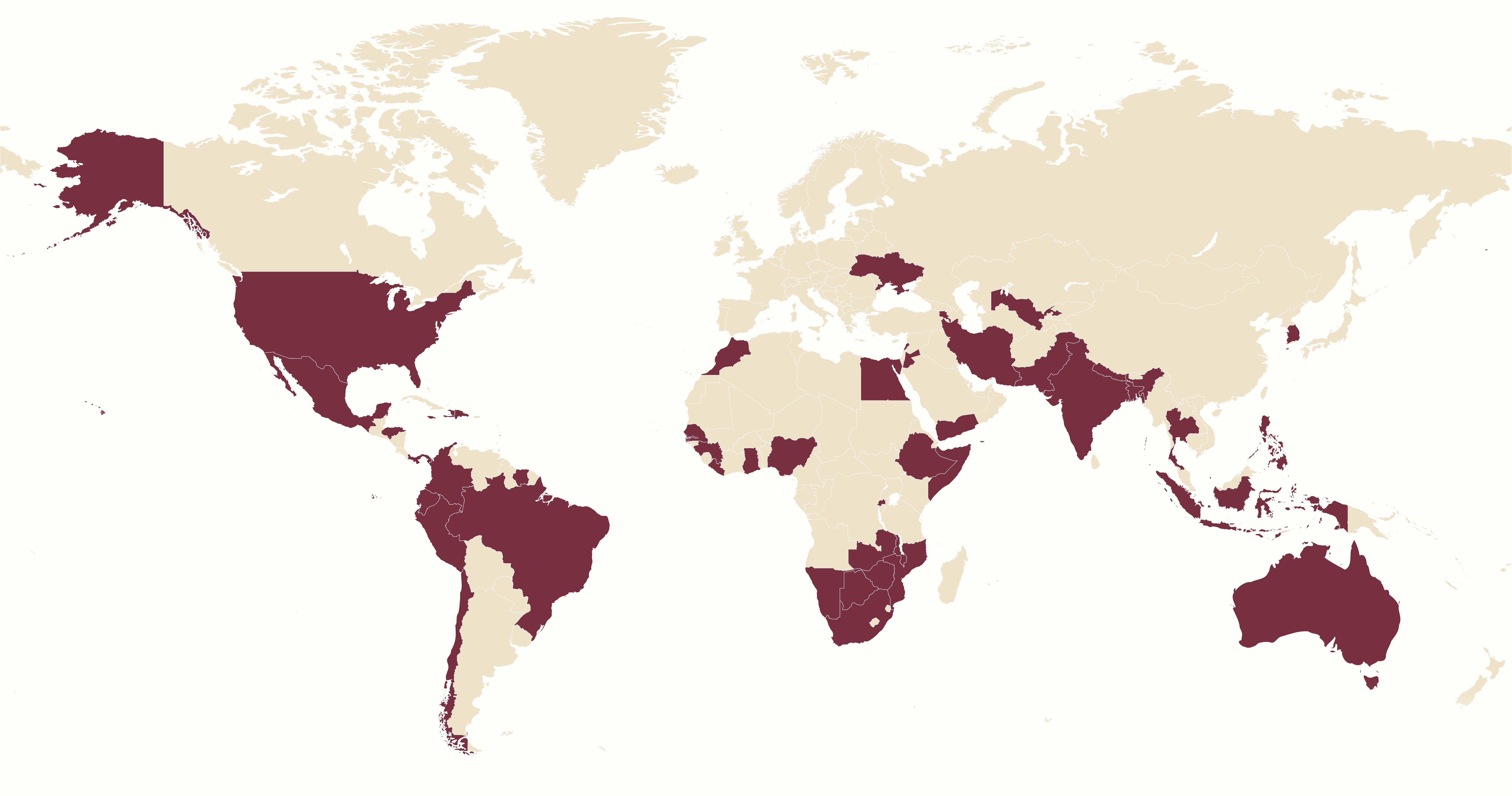 "World map with countries FSU has worked in colored in Garnet"