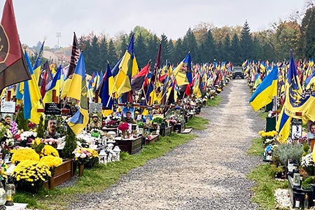 "In Kyiv, Ukrainian flags mark the loss of the lives of Ukrainian soldiers during the war.&nbsp;"